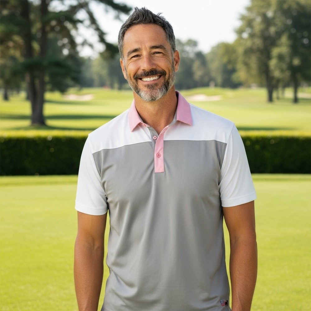 HL Sport Golf Polo Shirt Mens Large‎ Gray Pink White Performance USA Flag